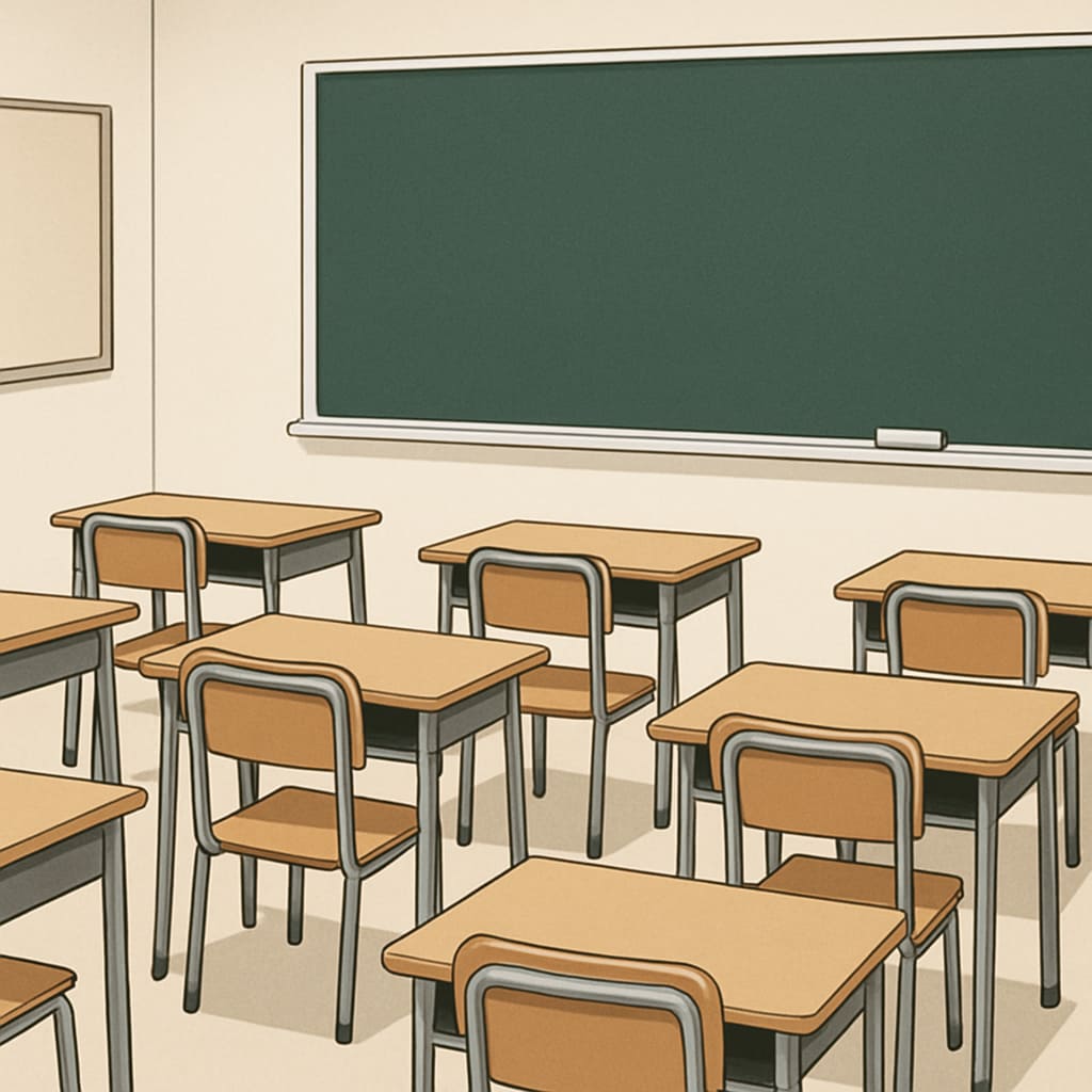 A classroom with empty desks and a chalkboard, symbolizing the absence of teachers. Empty classroom representing Teacherless Tuesday,教师抗议,集体请假(英文) absence.