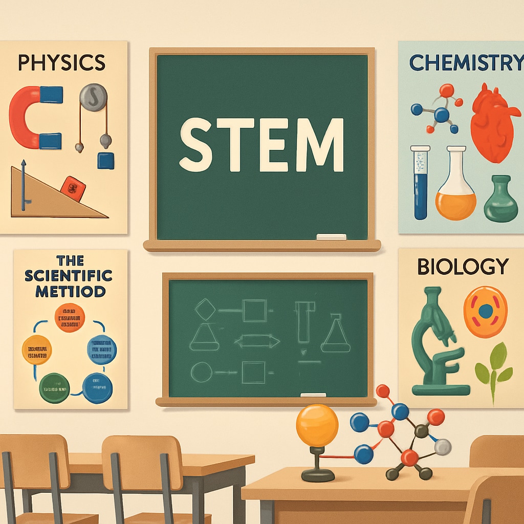 Classroom decorated with science themes, showing STEM integration in education.