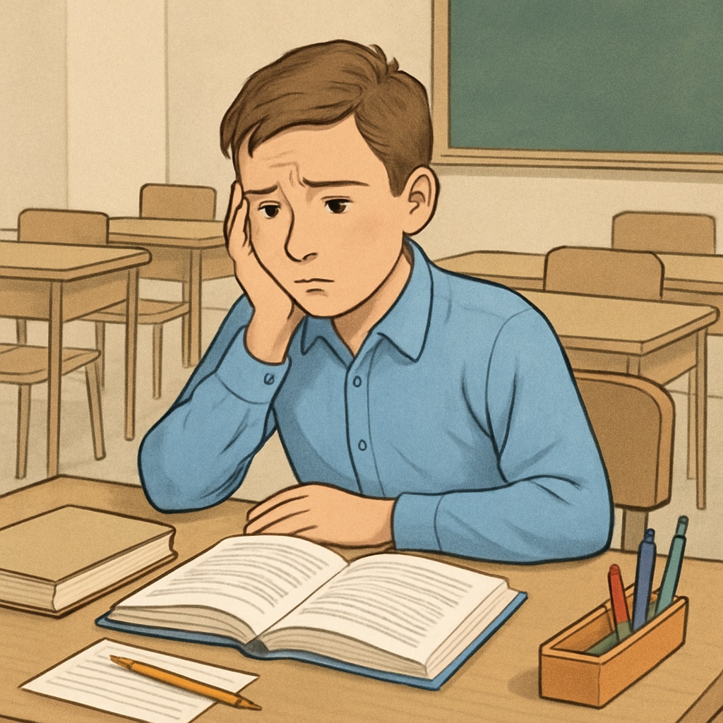 A concerned student sitting alone in an empty classroom with books on the desk. A student in an empty classroom during Teacherless Tuesday,教师抗议,集体请假(英文).