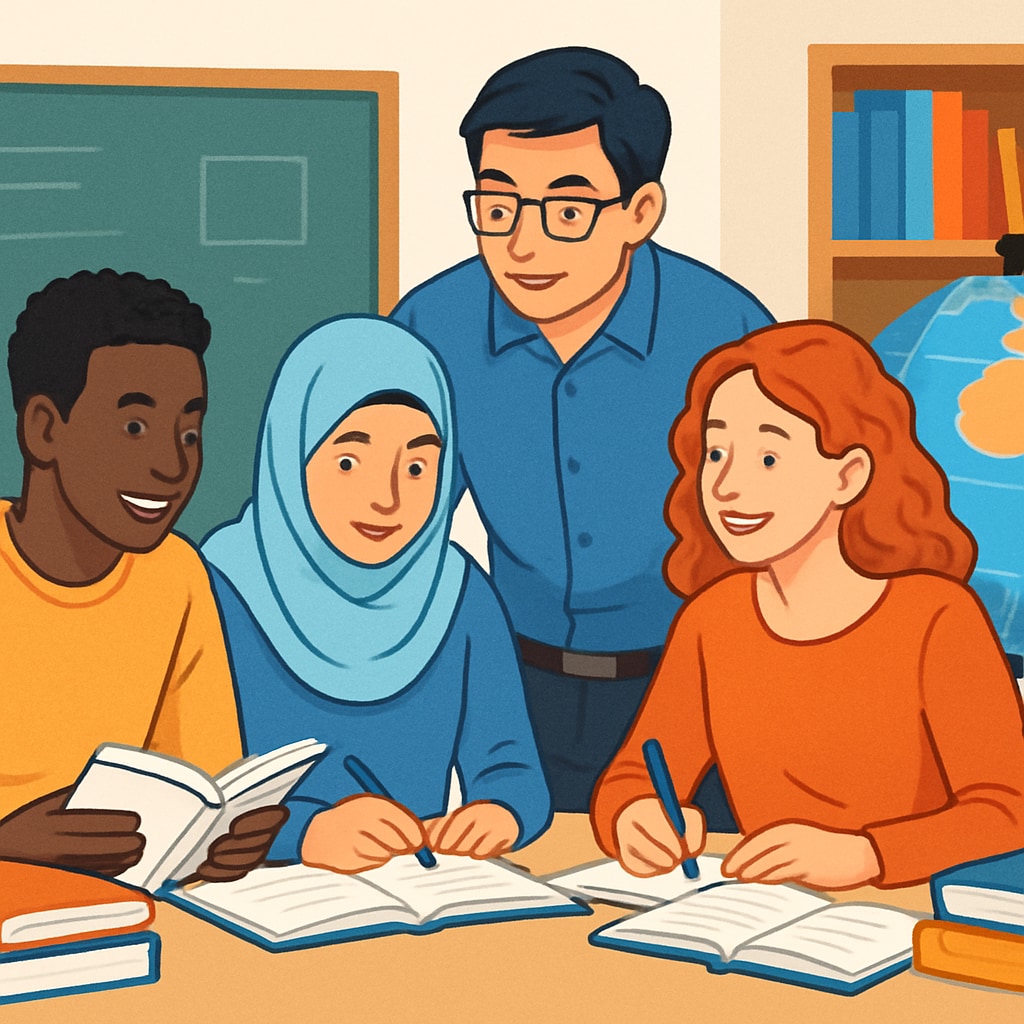 A diverse group of international students studying together in a university setting, emphasizing global education opportunities. International students discussing data science coursework at a U.S. university.