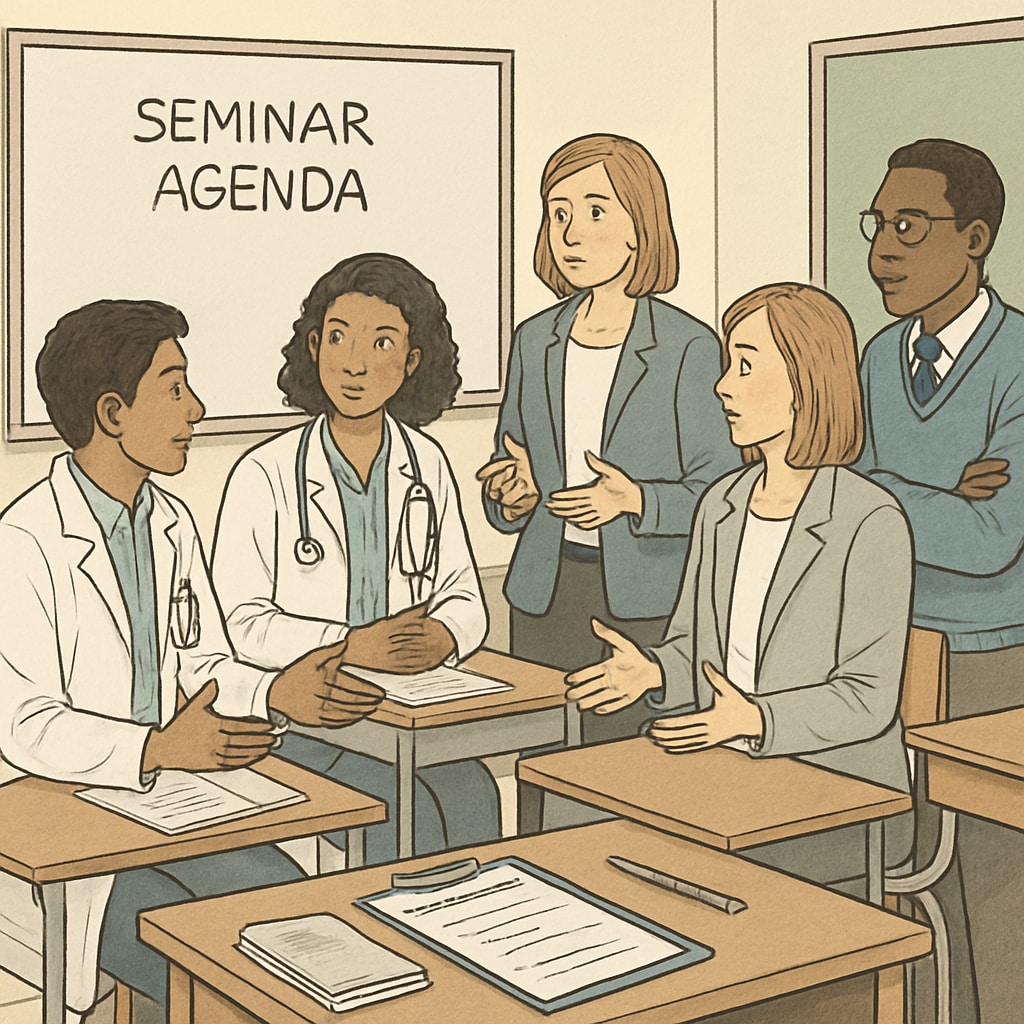 A group of medical students and high school staff discussing the seminar agenda in a school setting. Medical students and high school staff planning a mental health seminar.