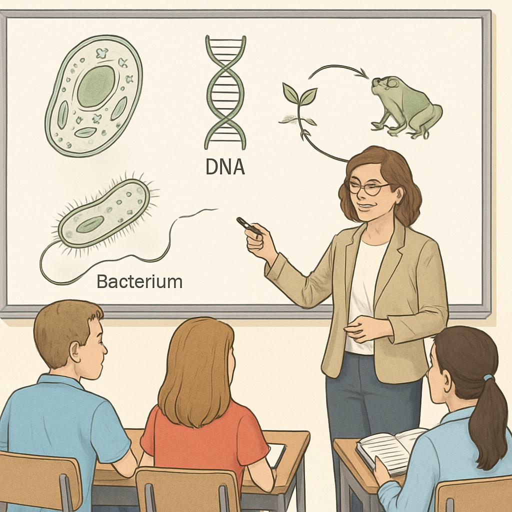A classroom setting with a teacher explaining biological concepts to engaged students. Biology teacher explaining concepts to students in a classroom setting.