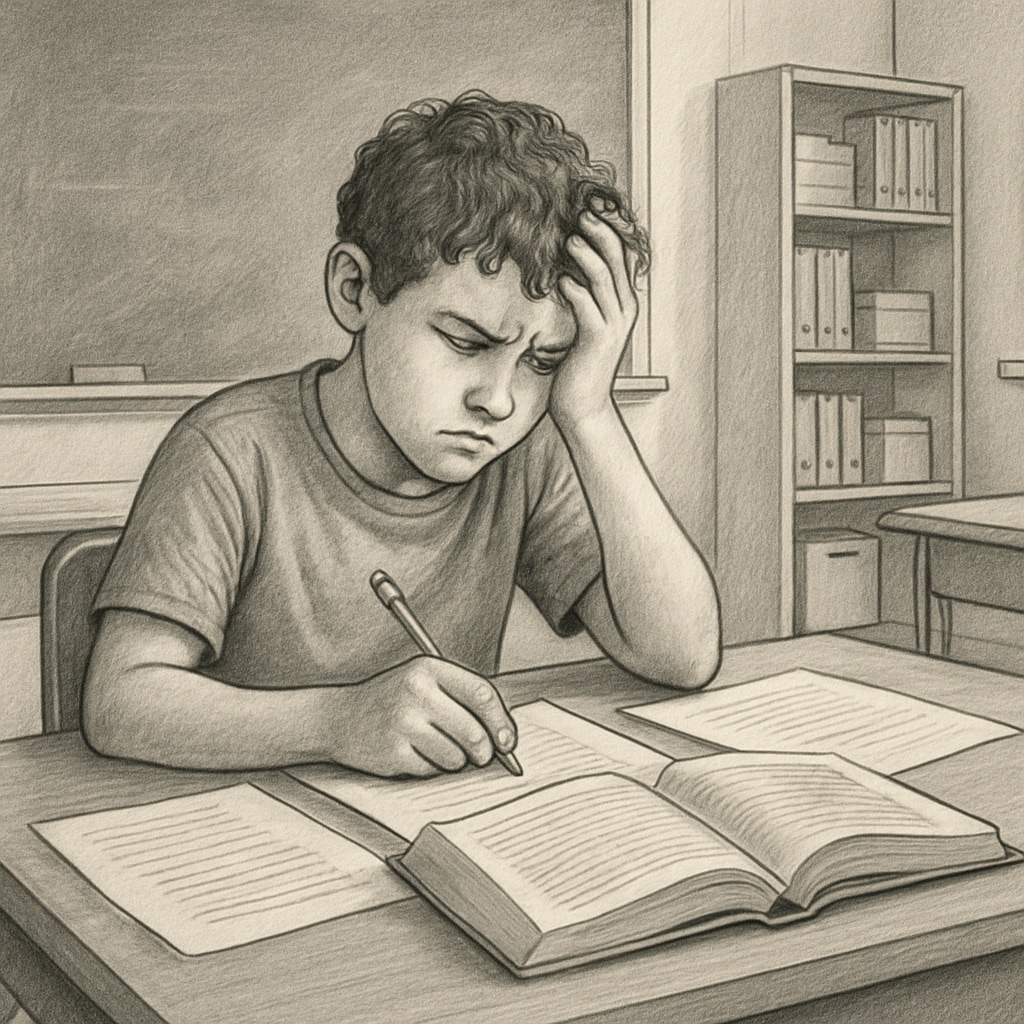 An image of a student with learning disabilities struggling to complete homework in a classroom setting. Represents the challenges faced in traditional educational environments. Student with learning disabilities in a classroom setting