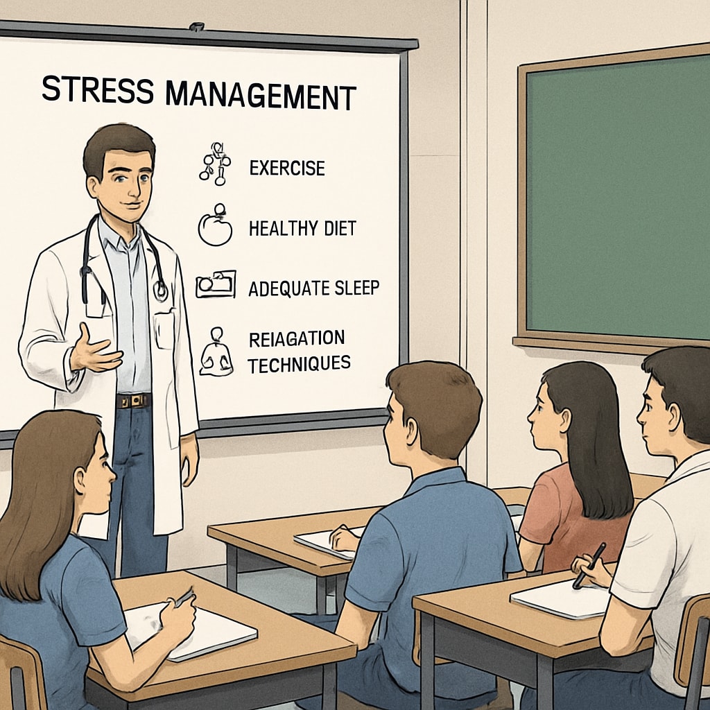 A medical student presenting a slide on stress management to an attentive group of high school students. A medical student conducting a mental health seminar for high school students.
