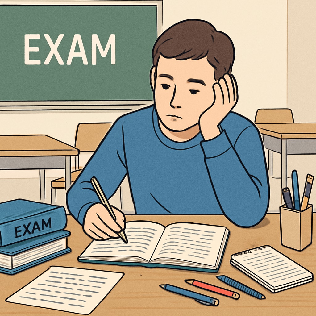 A student taking a standardized test, with a focus on exam preparation materials like books and notes. A student preparing for standardized exams critical for U.S. university applications.