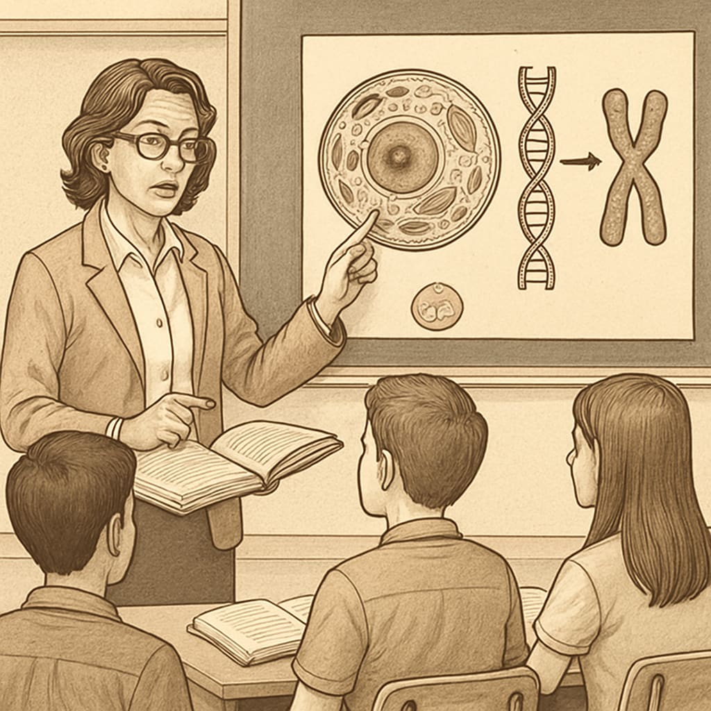 A biology teacher using visual aids to demonstrate a scientific concept to high school students. Biology teacher using visual aids in a science classroom.