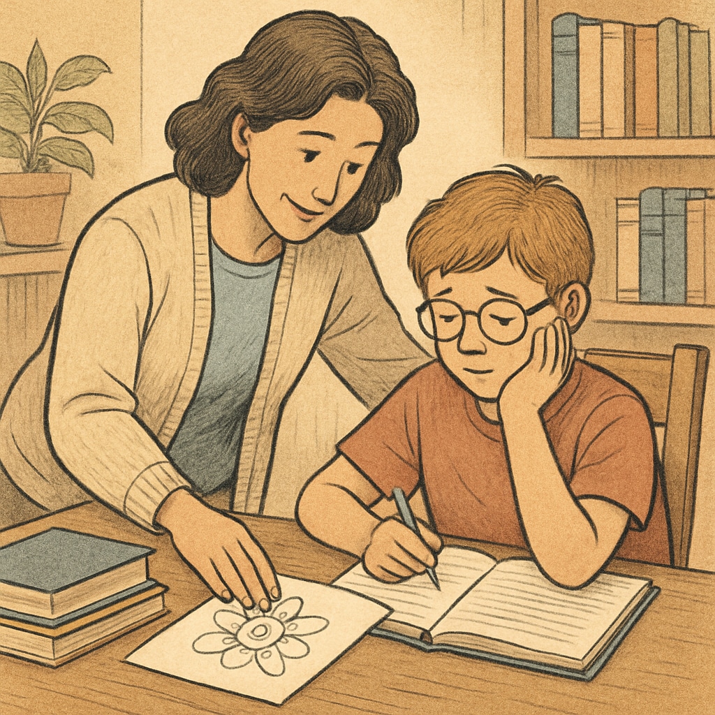 A supportive parent helping their child with learning disabilities study for a science exam at home. Highlights the role of family in overcoming challenges. Parent supporting a child with learning disabilities at home