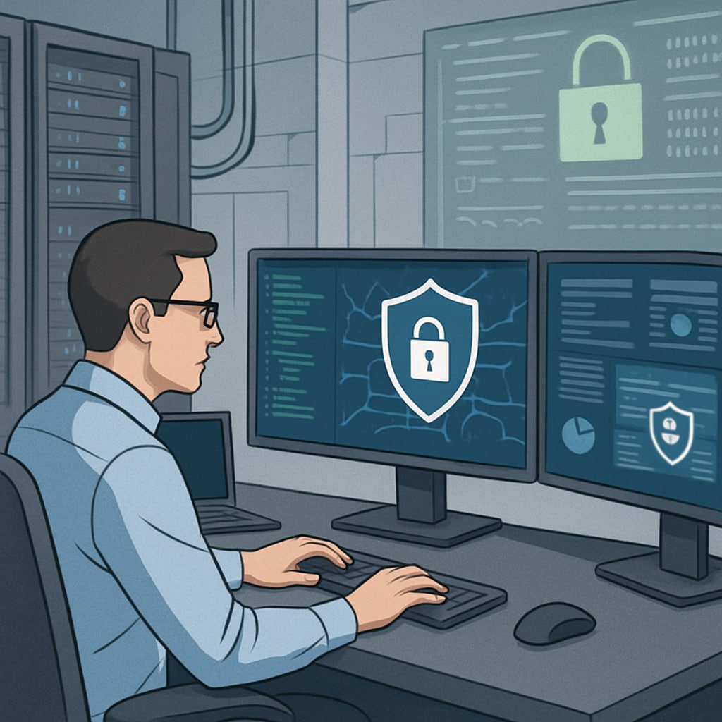 A professional cybersecurity expert monitoring a network on multiple screens in a secure, high-tech workspace. Cybersecurity expert monitoring networks to prevent cyber threats and breaches.