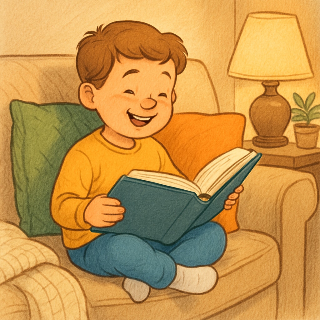 A child reading a book on a cozy couch, symbolizing enthusiasm for reading. Child reading a book to represent free reading resources for elementary students.