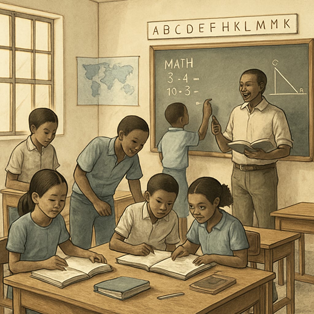 A classroom setting in a public school, highlighting students and teachers working together in a resource-constrained environment. Public school classroom with students and teachers collaborating.