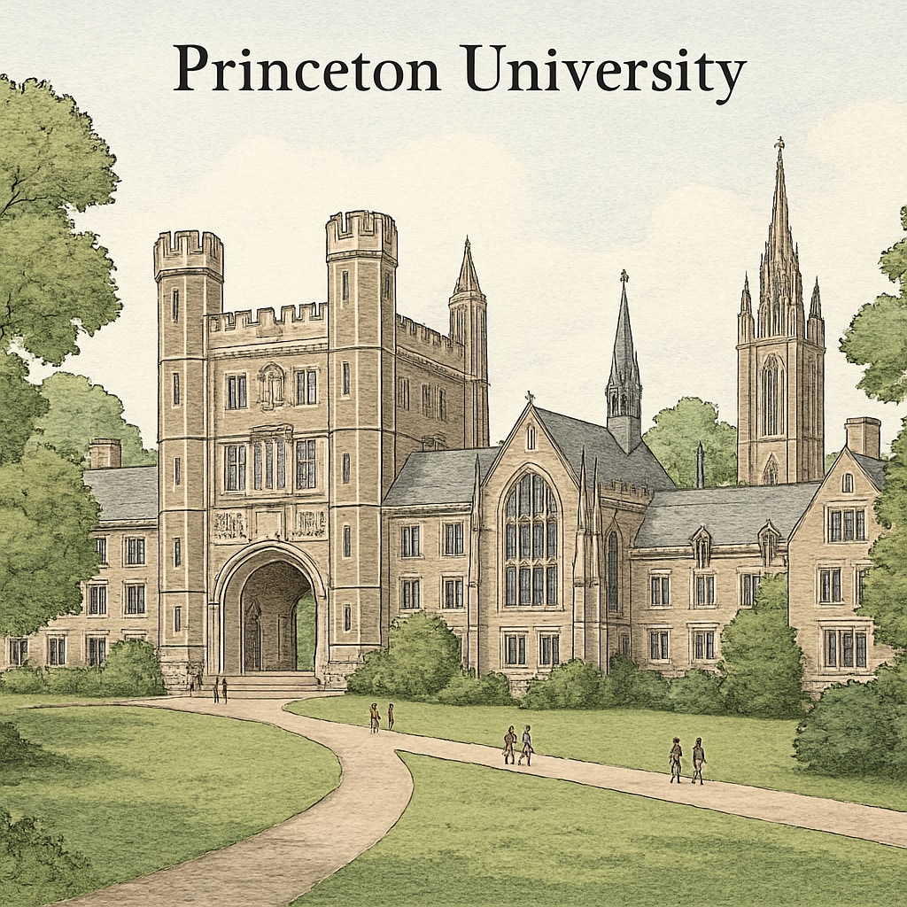 A photograph of Princeton University's main campus, showcasing its gothic architecture and lush greenery. Princeton University's campus with gothic buildings, representing Ivy League prestige.