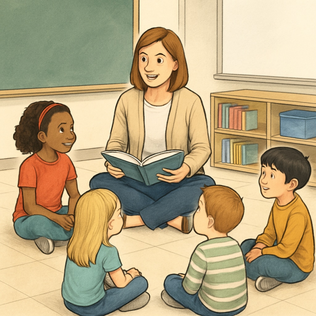 A teacher and students sitting in a circle during a reading activity. Teacher and students engaged in a reading activity as part of A.R. points alternatives.