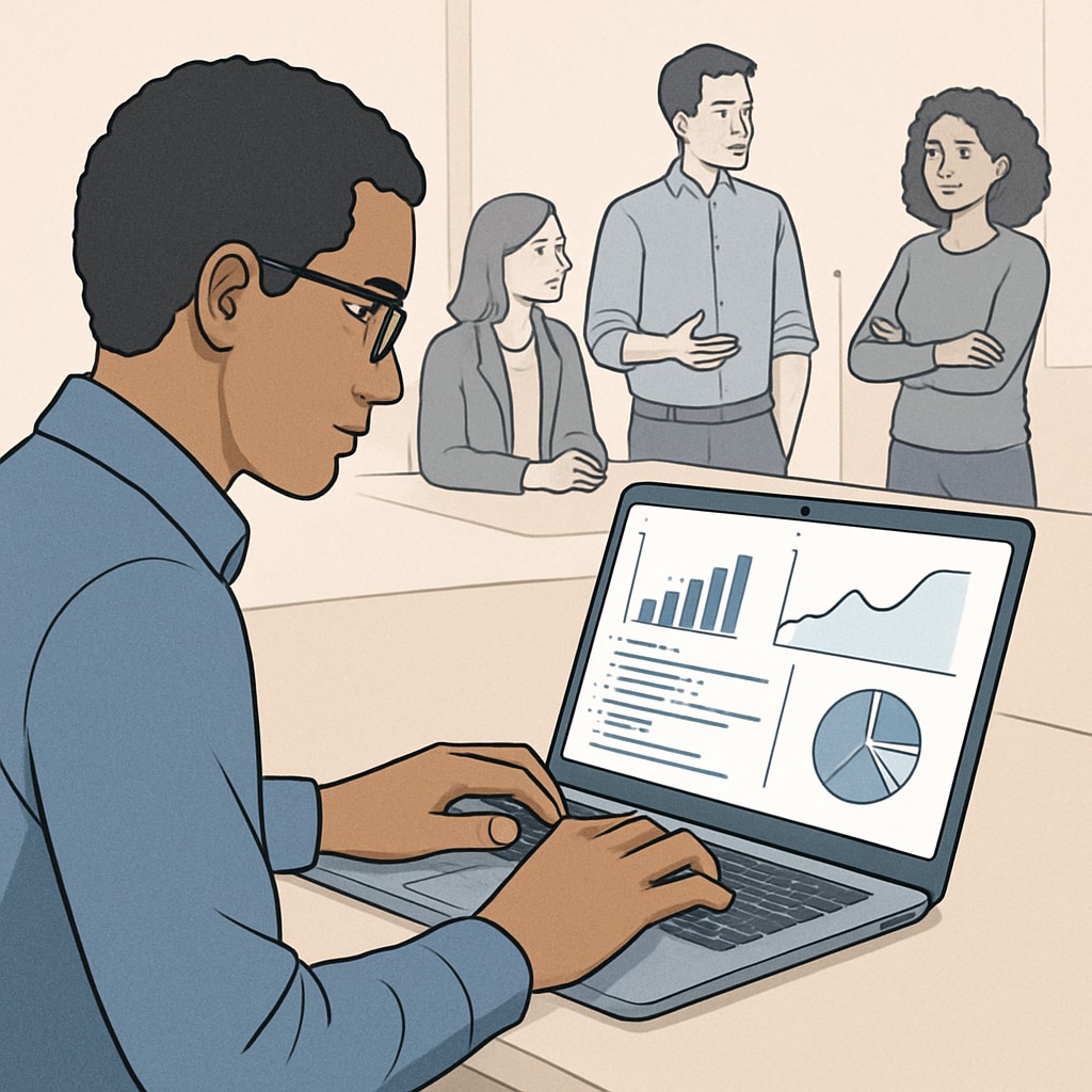 A data scientist working on a laptop with graphs, charts, and code displayed on the screen, surrounded by a collaborative team environment. Data scientist analyzing data and collaborating with team members for business insights.
