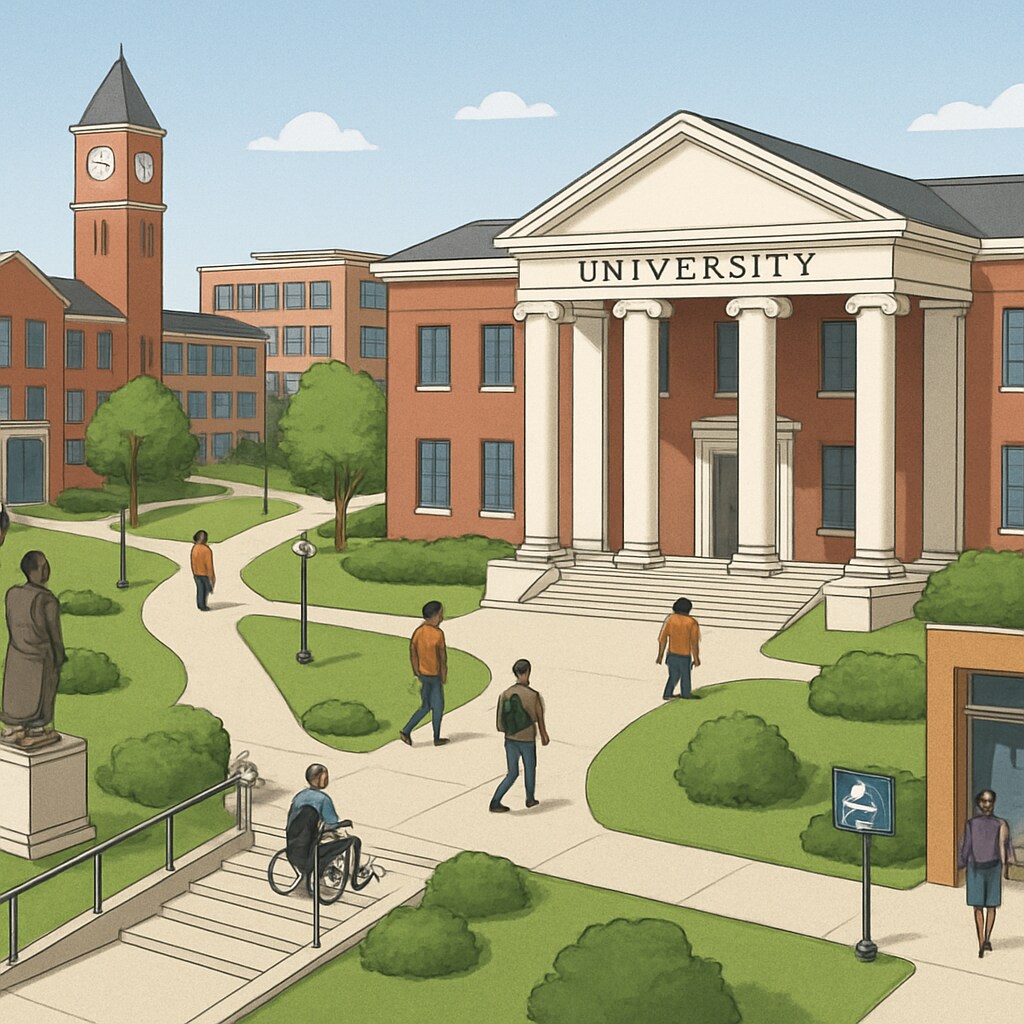 A contrasting image of a public university campus, emphasizing diversity and accessibility. A public university campus highlighting diversity and accessibility in education.