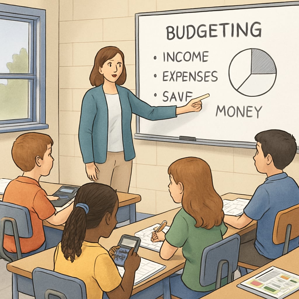 Students learning financial education as part of a school curriculum.