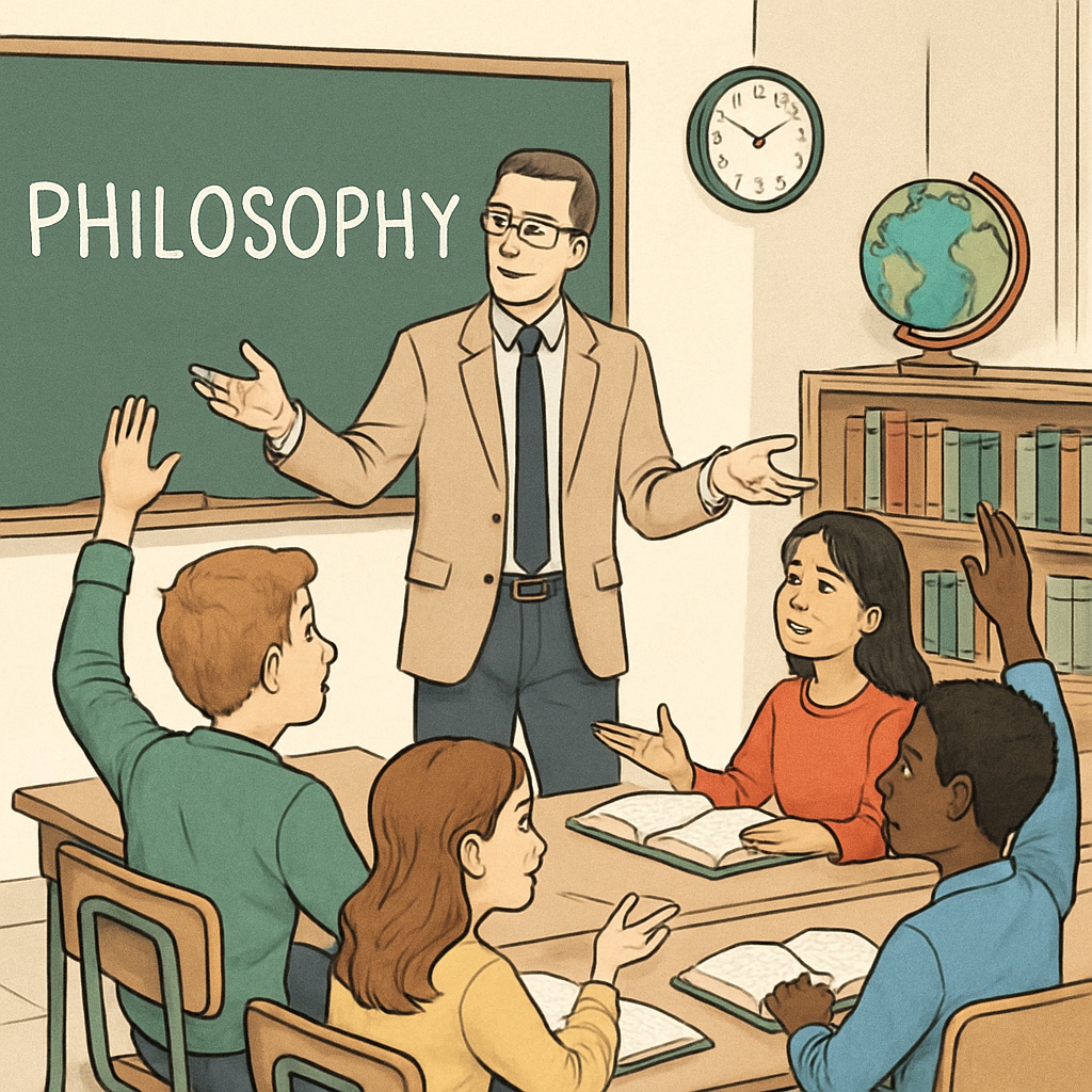 Students and a philosophy teacher discussing ethical concepts in class.