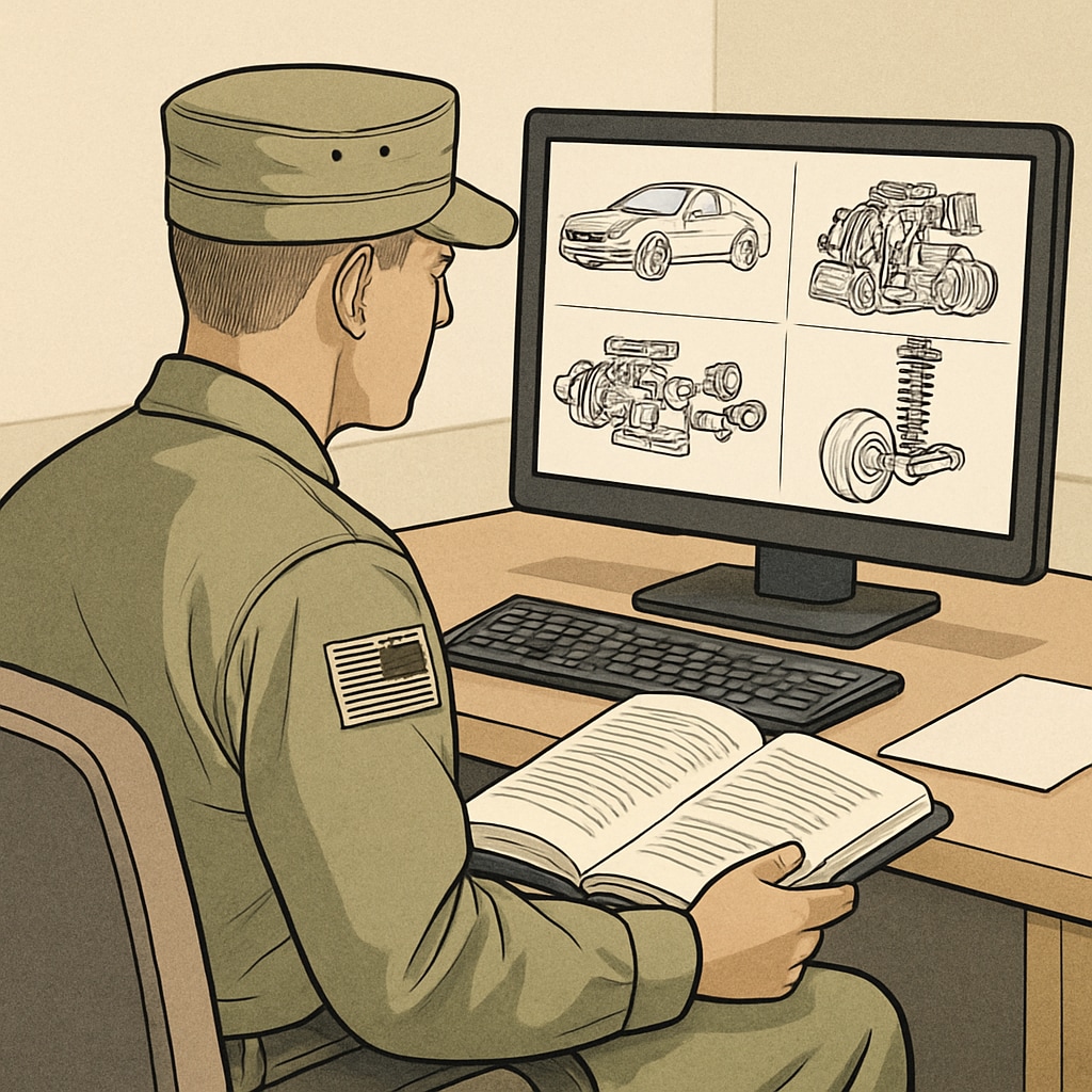 A professional setting with a military member studying automotive engineering concepts on a computer. Military member studying automotive engineering concepts for bachelor's degree.