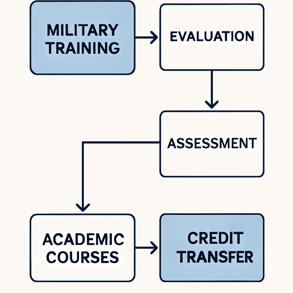 A flowchart showing the credit transfer process from military training to academic courses. Credit transfer process for automotive technology degree.