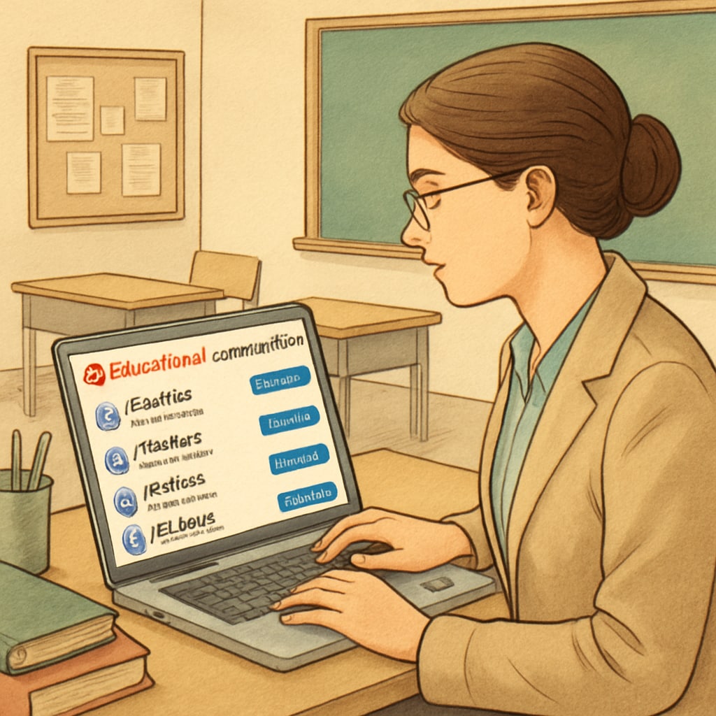 A teacher browsing Reddit's educational communities on a laptop, showcasing subreddits such as r/education and r/teachers. Teacher exploring Reddit education communities, including education rules, posting guides, and educational subreddits.