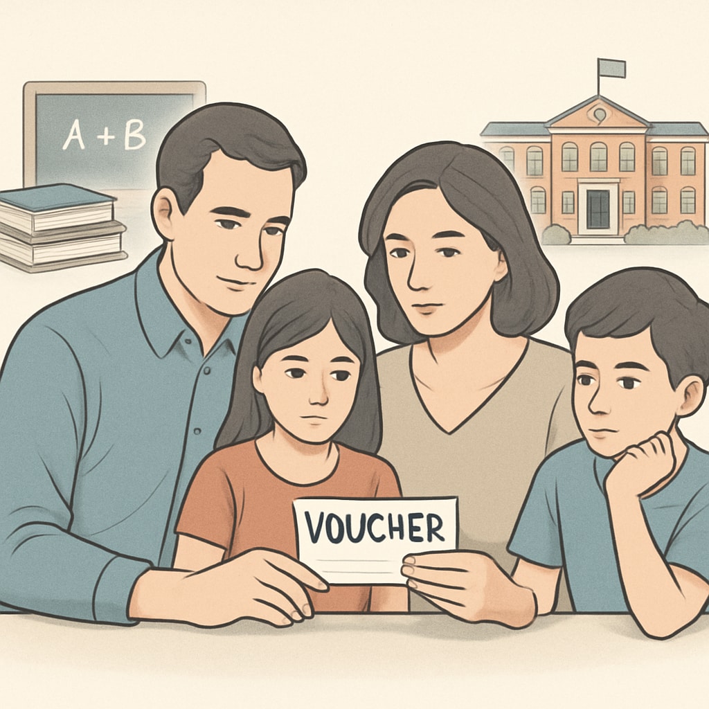A family reviewing school options with a voucher in hand, symbolizing the impact of voucher programs on education choices. Family reviewing school options with voucher, illustrating school choice.