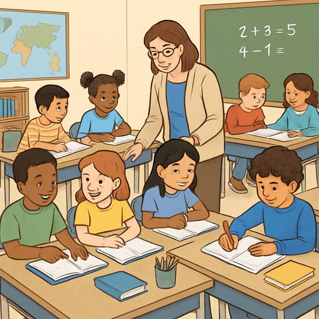 A classroom of diverse students engaged in collaborative learning, symbolizing equality-focused education. Students in a classroom learning collaboratively, representing equality in education.