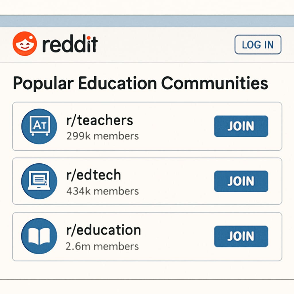 A screenshot of popular Reddit education subreddits, including r/teachers, r/edtech, and r/education. Reddit education subreddits for teachers, students, and parents.