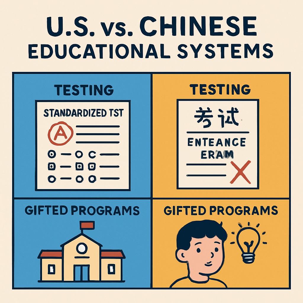 A graphic comparing U.S. and Chinese educational systems, highlighting differences in testing and gifted programs. A comparison graphic of U.S. and Chinese education models, focusing on testing and gifted programs.