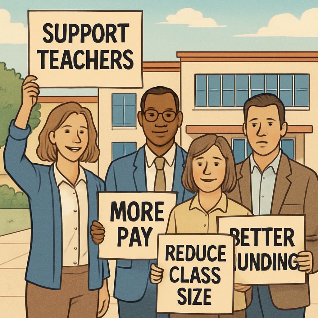 A group of teachers holding signs outside a school, advocating for better working conditions. Teachers protesting outside a school during Teacherless Tuesday, highlighting issues like substitute shortages and workplace challenges.