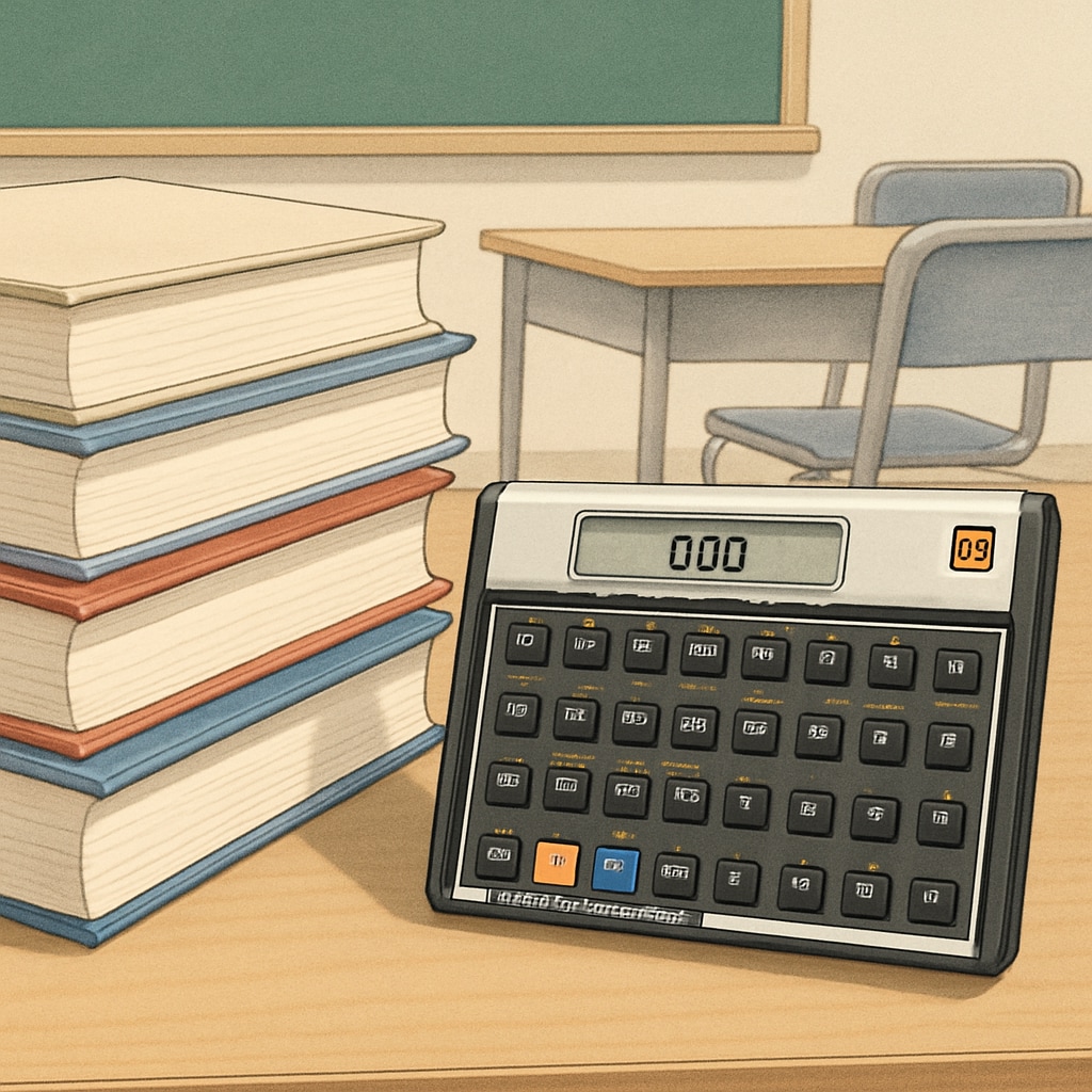 An RPN calculator, such as the HP 11c, displayed alongside a stack of textbooks in a classroom setting. RPN calculator HP 11c placed beside textbooks in a classroom.