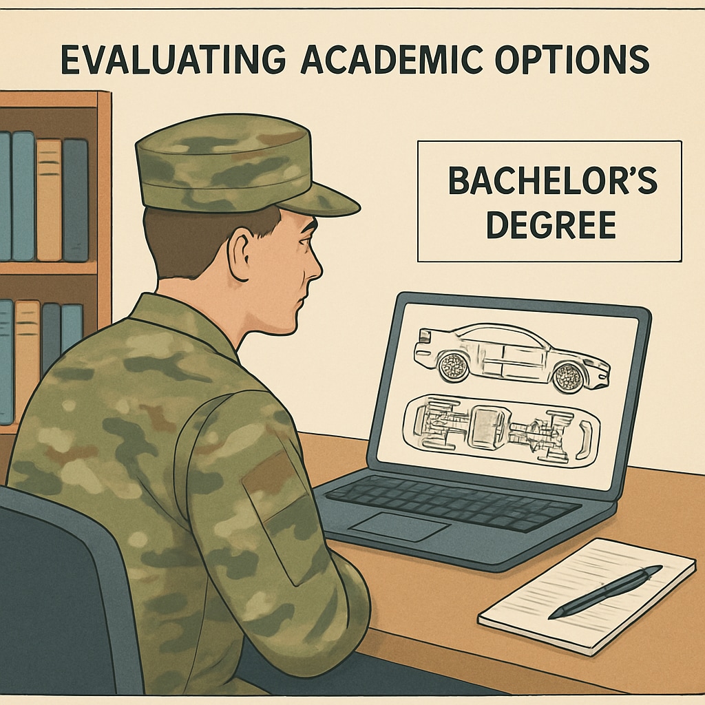 A military student reviewing automotive engineering plans on a laptop to explore bachelor's degree programs. The image conveys the process of evaluating academic options while emphasizing the transition from technical to bachelor's degrees. Military student exploring bachelor's degree options in automotive engineering on a laptop.