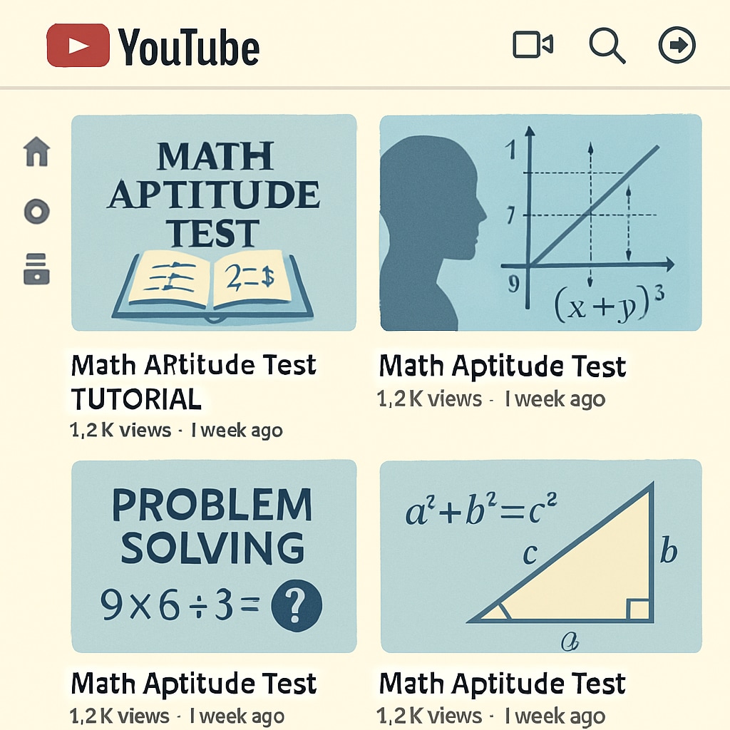 A YouTube interface displaying thumbnails of math aptitude test tutorial videos. YouTube channel thumbnails for math aptitude test prep.