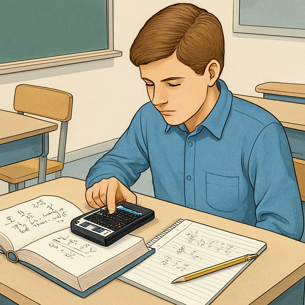 A student using an HP 11c calculator during a classroom activity, demonstrating its application in solving complex math problems. Student applying HP 11c RPN calculator in classroom math problem-solving.