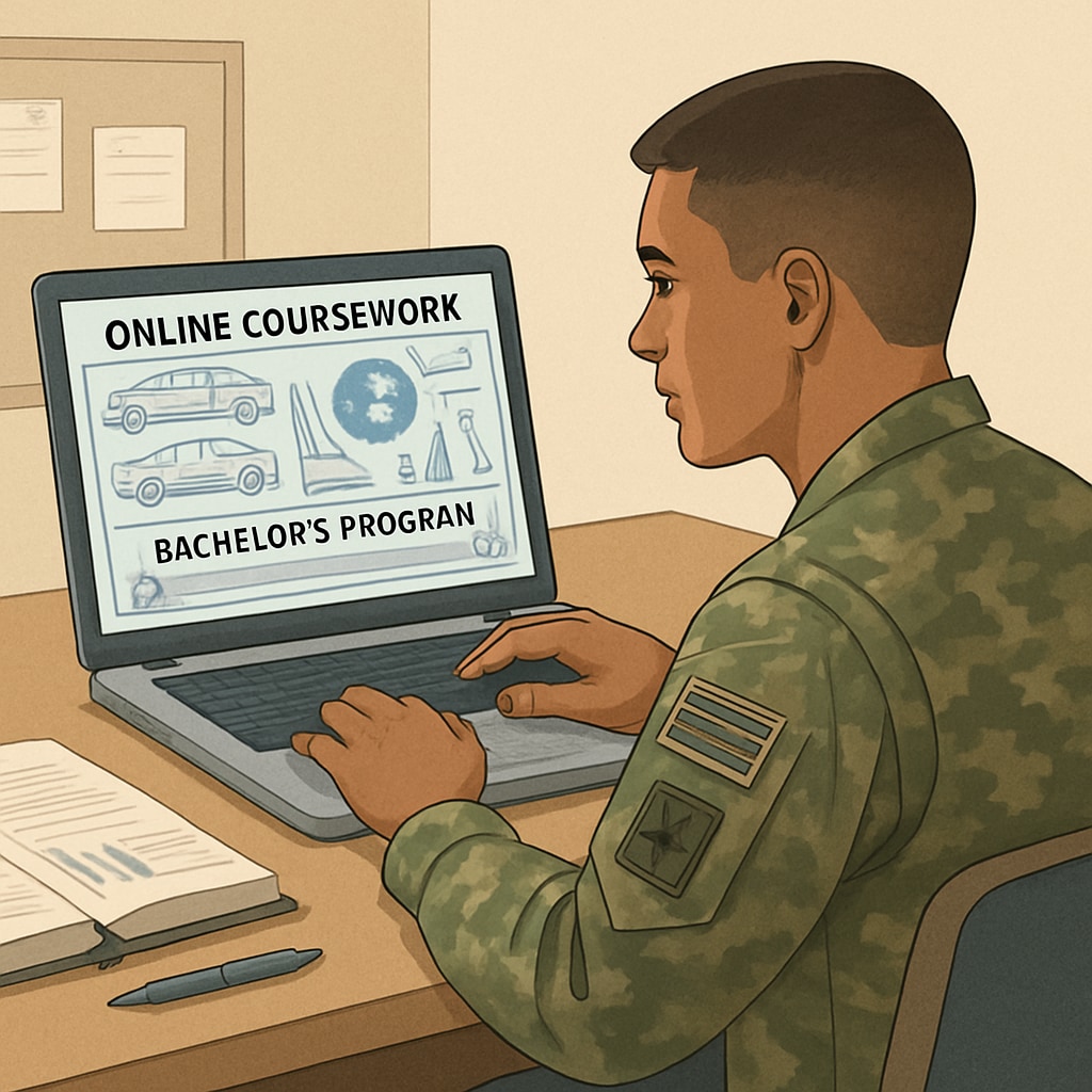 A military student accessing online coursework for an automotive engineering bachelor's program. The image highlights flexibility in education for active-duty personnel. Military student completing online coursework for an automotive bachelor's degree.