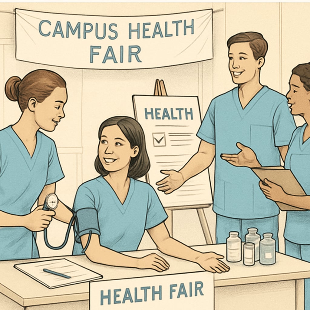 A group of nursing students participating in a campus health fair, symbolizing active campus engagement. Nursing students enjoying campus life while participating in a health fair.