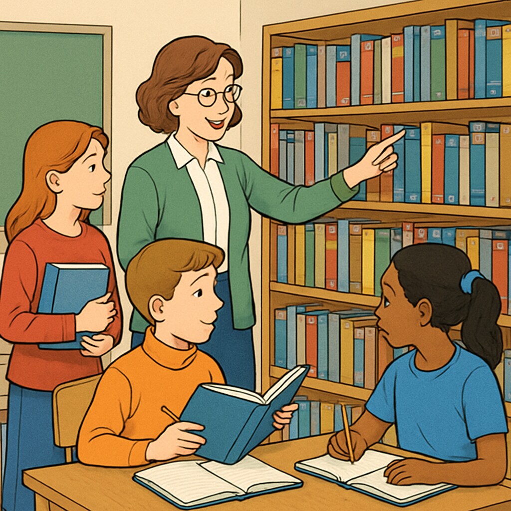A school librarian assisting students in finding books and research materials. School librarian helping students access library resources, a non-teaching education role.