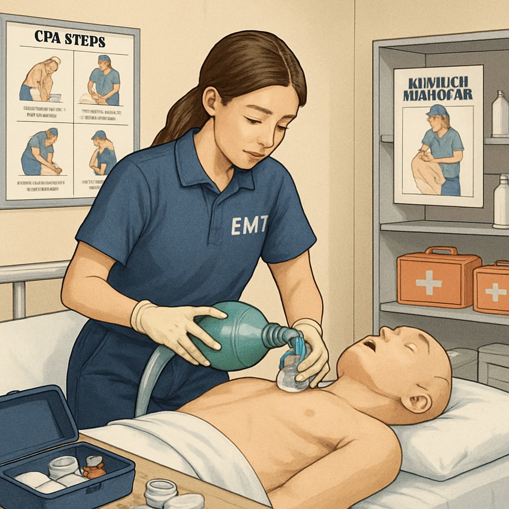 A student practicing emergency care techniques in an EMT training lab, emphasizing hands-on learning. Nursing student in an EMT training session, gaining practical experience.