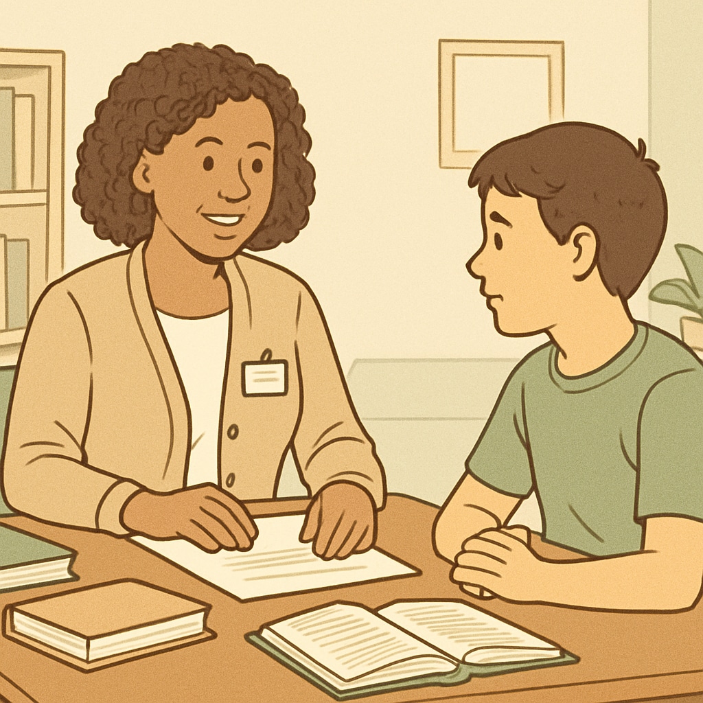 A school counselor working one-on-one with a student in a supportive setting. School counselor guiding a student, an example of a non-teaching role in schools.
