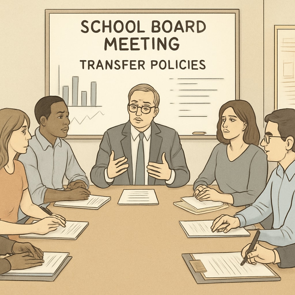 School board discussing policies to address student transfer issues and communication gaps.