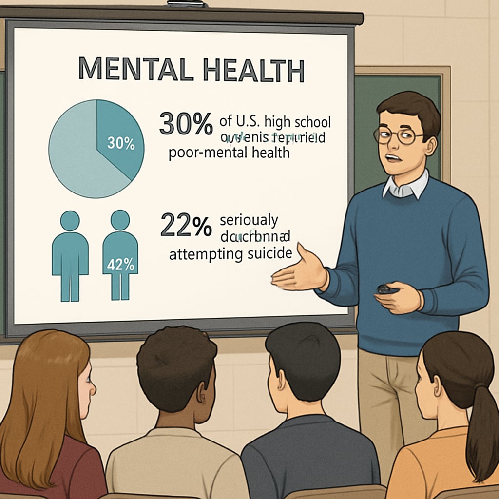 Presenter displaying mental health statistics during a high school speech event.