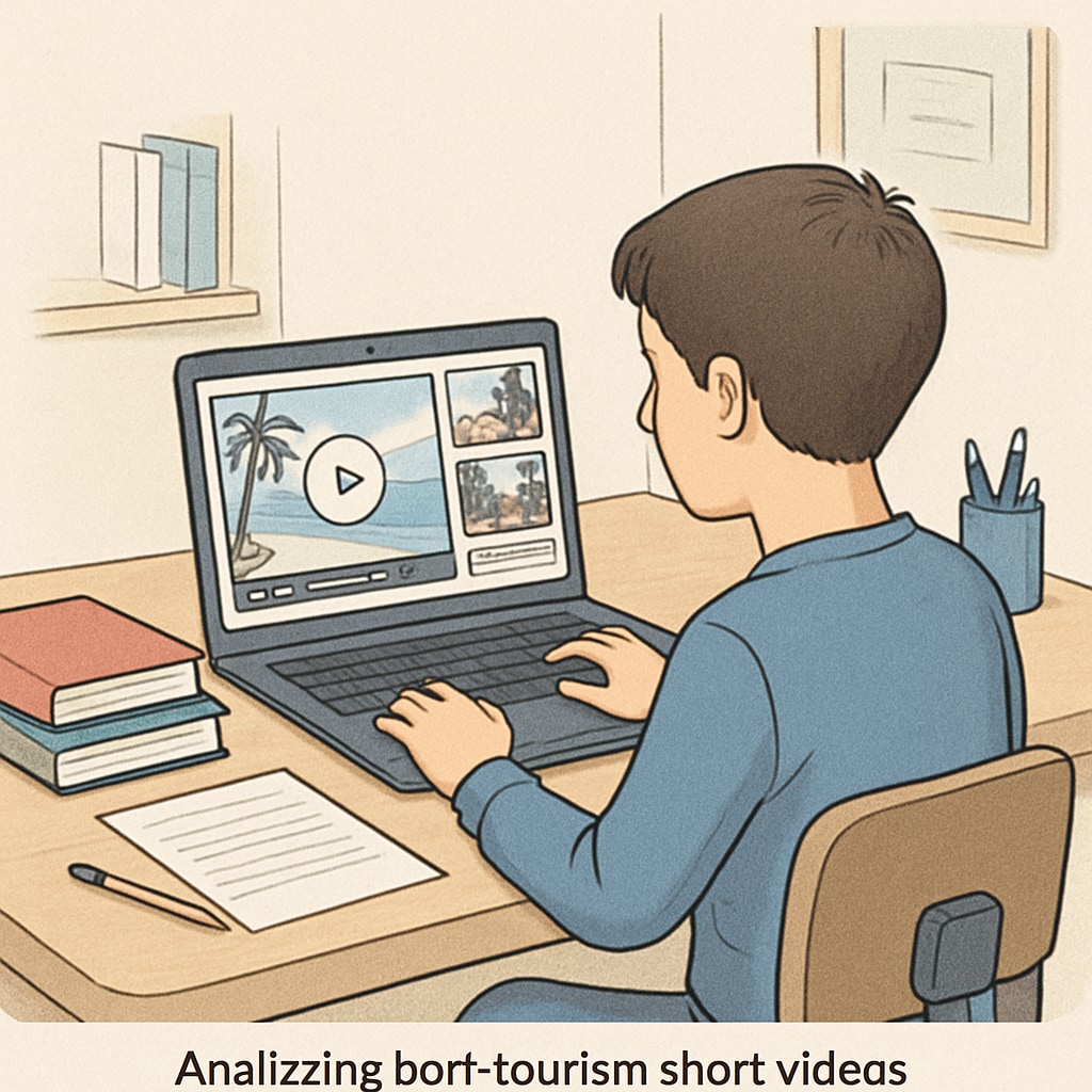 A vibrant snapshot of a student analyzing tourism short videos on a laptop, illustrating the academic application of digital media. Student analyzing tourism short videos, reflecting their role in a master's thesis.
