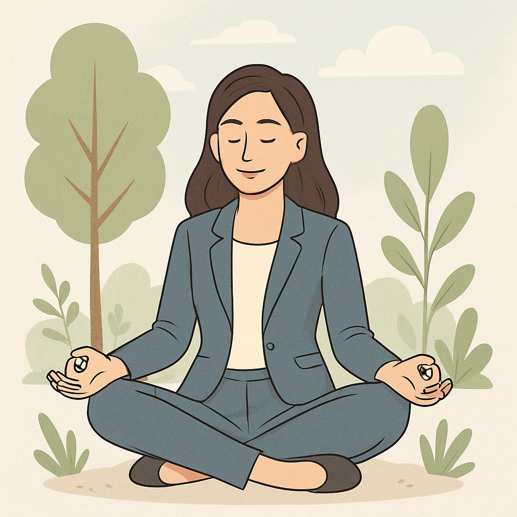 A woman entrepreneur meditating in a serene environment, symbolizing mindfulness and holistic growth. Woman meditating in a peaceful setting to represent mindfulness and Sadhguru’s teachings.
