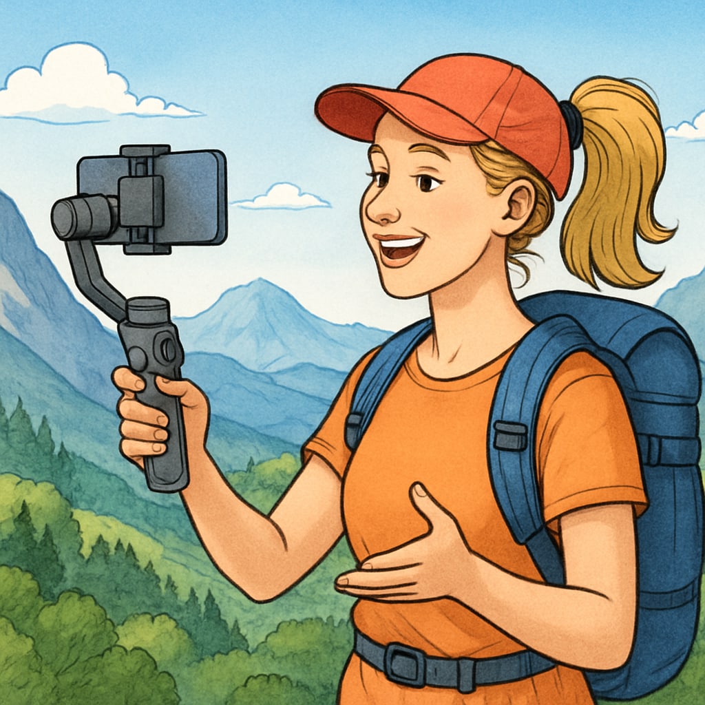 A vibrant travel influencer capturing a scenic mountain view for a short video on TikTok. This highlights the role of influencers in promoting tourism through short-form content. Travel influencer recording a short video on TikTok to promote tourism.