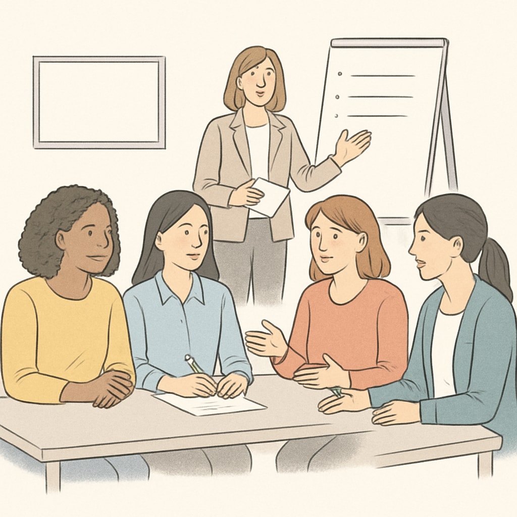 A group of women engaging in a communication workshop, showcasing active listening and teamwork. Women participating in a communication workshop, practicing skills inspired by Sadhguru’s principles.