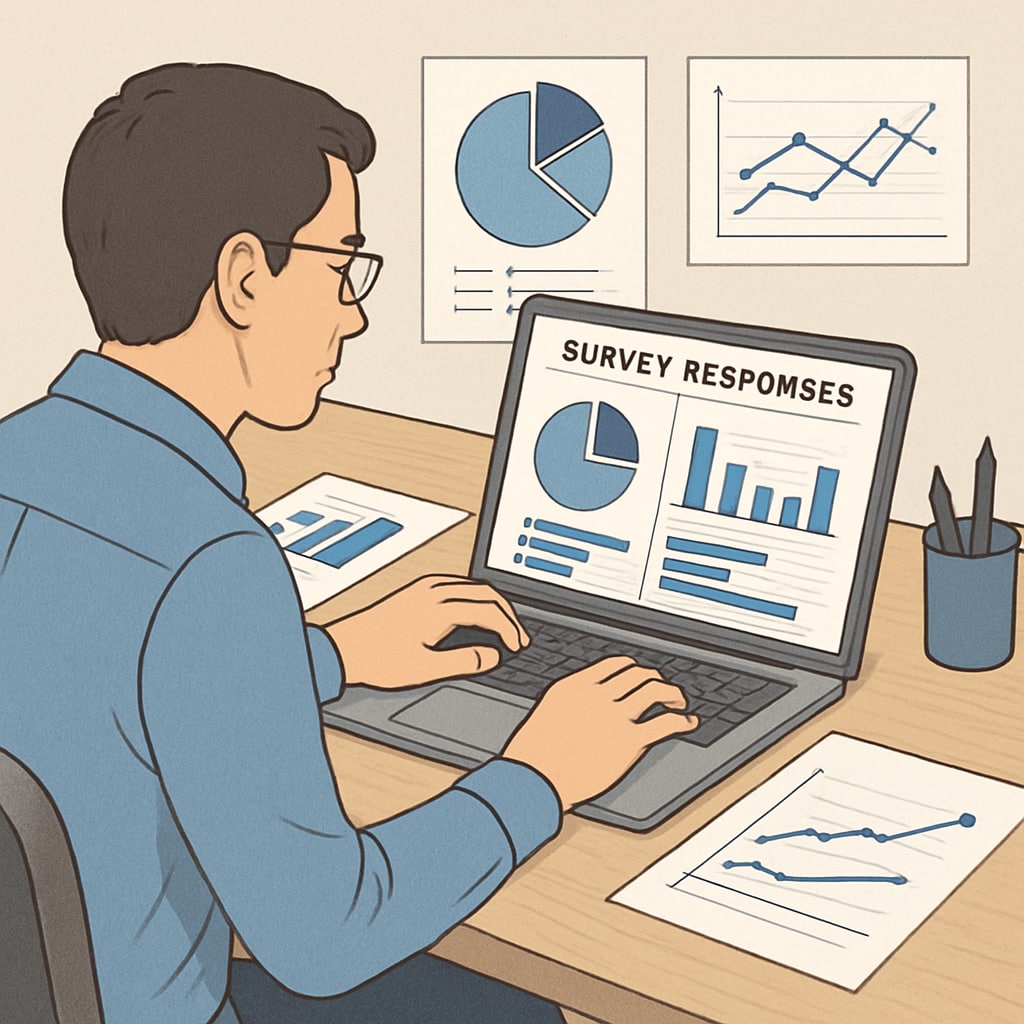 A researcher analyzing survey responses on a laptop, with graphs and charts illustrating data trends. This represents the academic research process using surveys. Researcher studying survey data on short videos and tourism decisions.