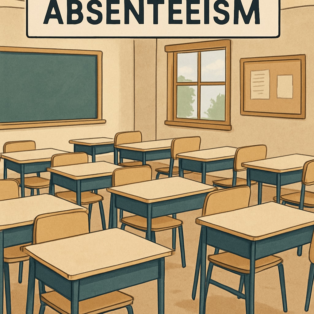 A classroom with empty desks symbolizing absenteeism and its impact on education. Empty classroom desks illustrating the effects of strict truancy policies.