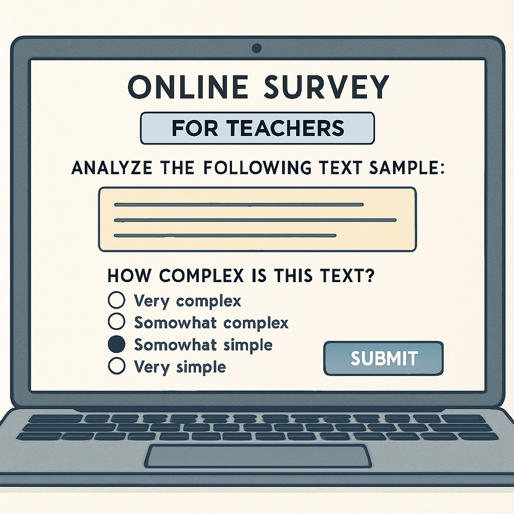 A laptop screen showing an online survey for teachers analyzing text samples. This highlights the ease of participating in text complexity research. Online survey for teacher volunteers analyzing text for research purposes.