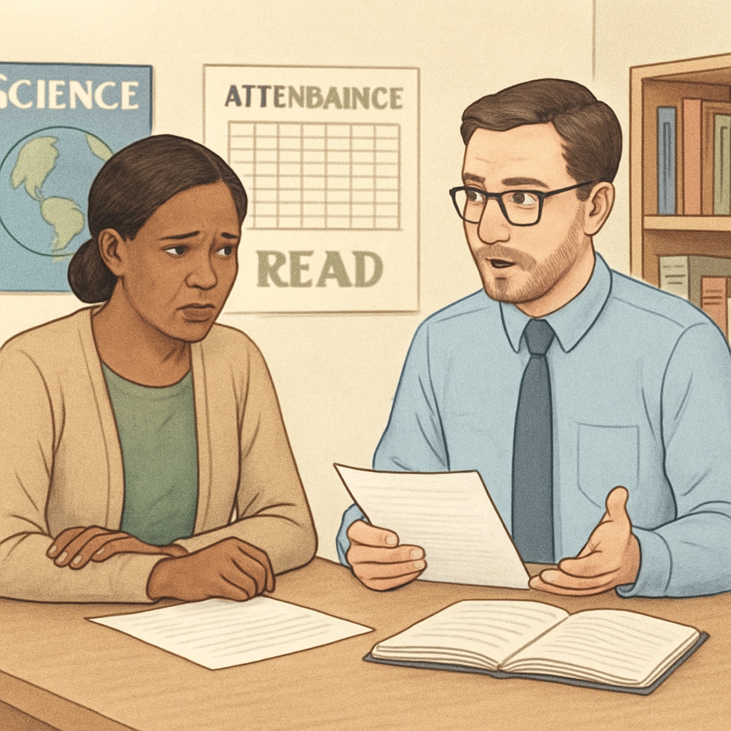 A concerned parent and teacher discussing a student's attendance in a school setting. A discussion between a parent and teacher about attendance requirements and school intervention.