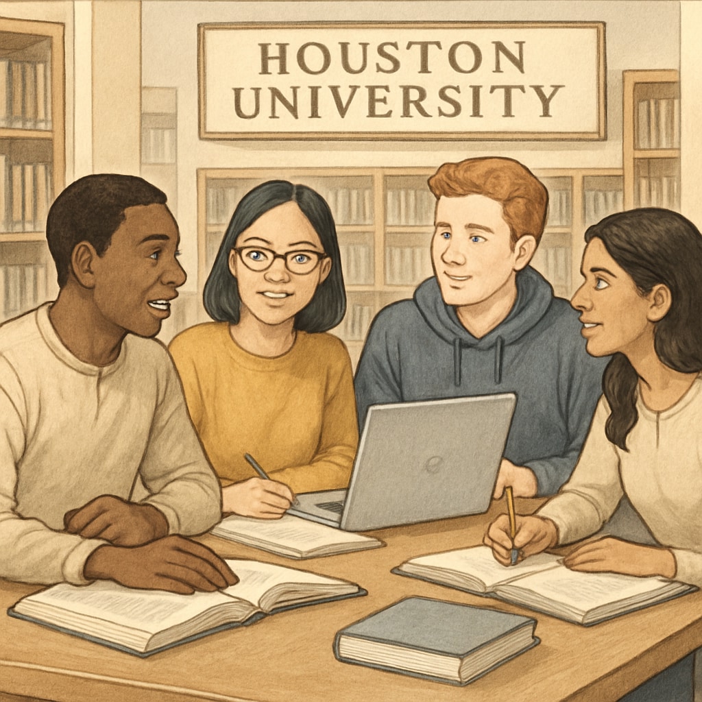 A group of diverse college students sitting together in a library, discussing notes and textbooks to represent study groups at Houston University. College students in a study group at Houston University.