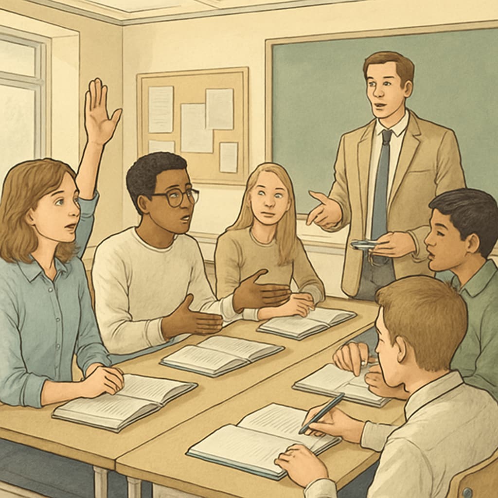 A UK classroom with students engaging in a discussion, illustrating the flexibility of the A Level system. UK students in a classroom discussing academic topics, showcasing A Level flexibility.