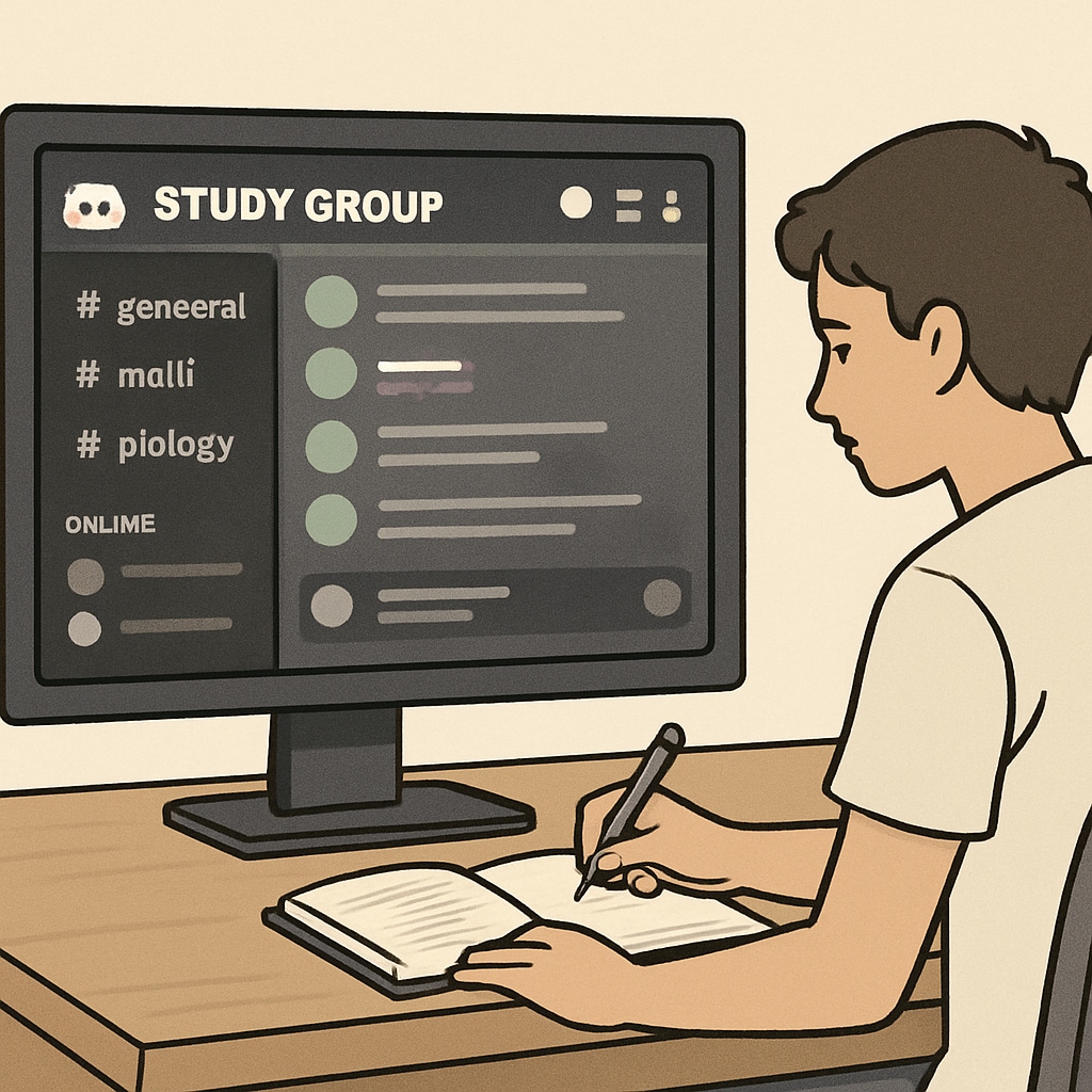 A computer screen displaying a Discord server with study-related channels, alongside a student taking notes to symbolize digital collaboration for study purposes. Discord server for study groups at Houston University.